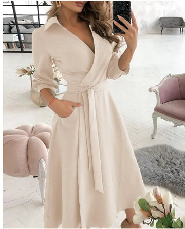Elegant Long Sleeve Ruched V-Neck Dress