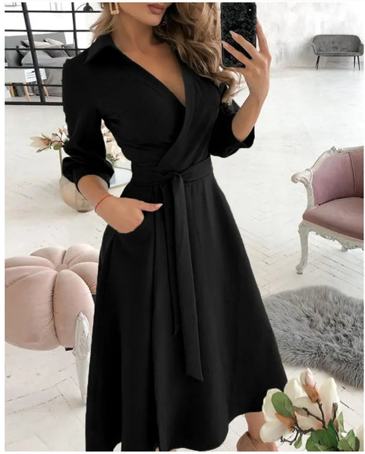 Elegant Long Sleeve Ruched V-Neck Dress