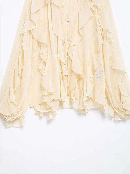 Casual Ruffled Lace-Up V-Neck Blouse